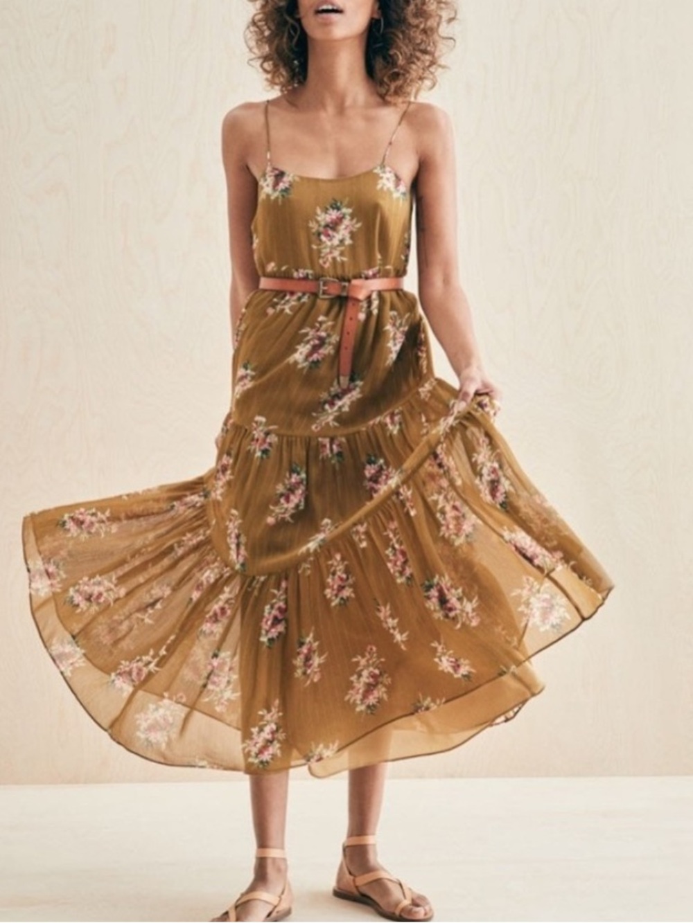 Madewell Olive Green Floral Spaghetti Strap Tiered Maxi Dress